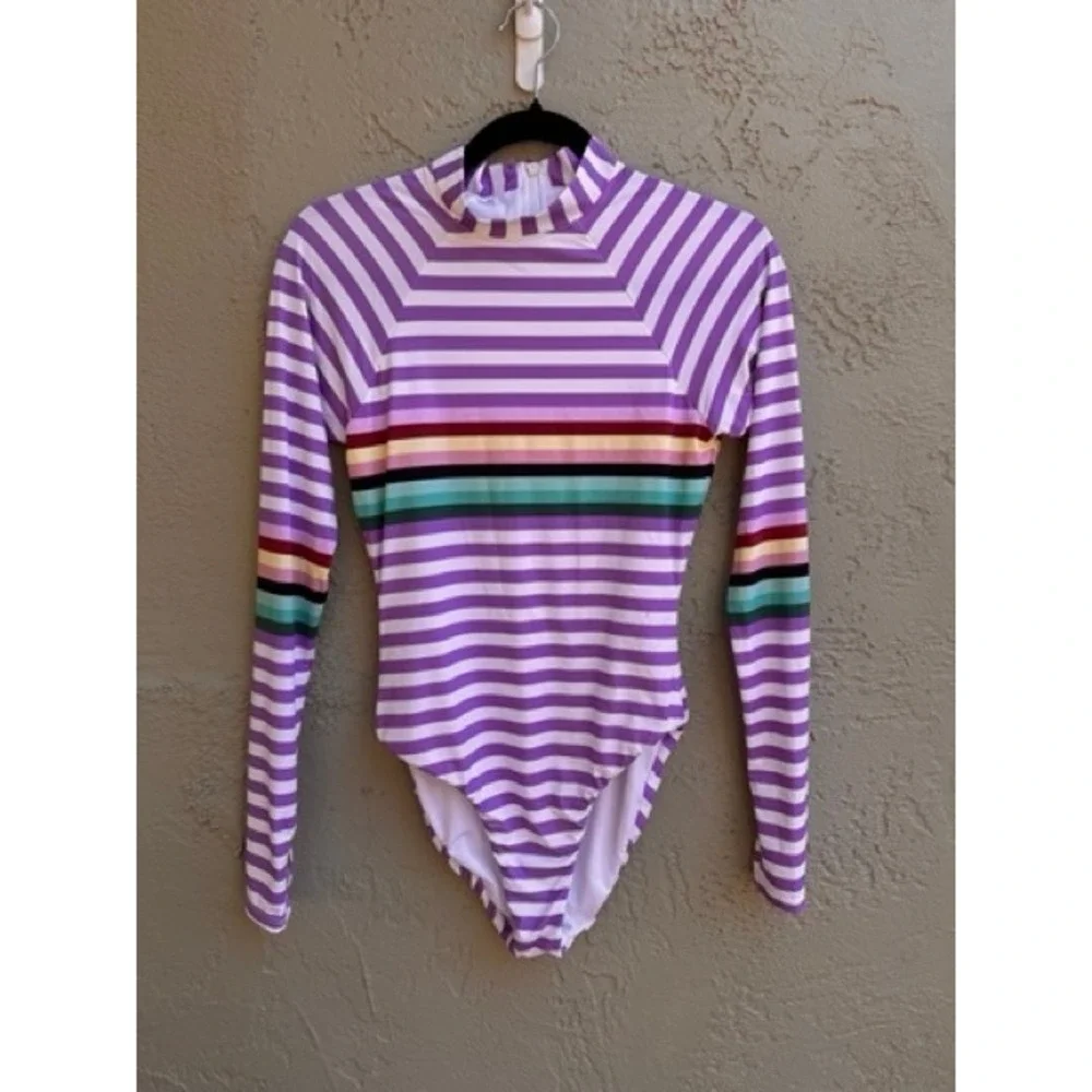Bikini Lab NEW Purple Striped Long Sleeve One Piece Swimsuit Rash Guard MEDIUM